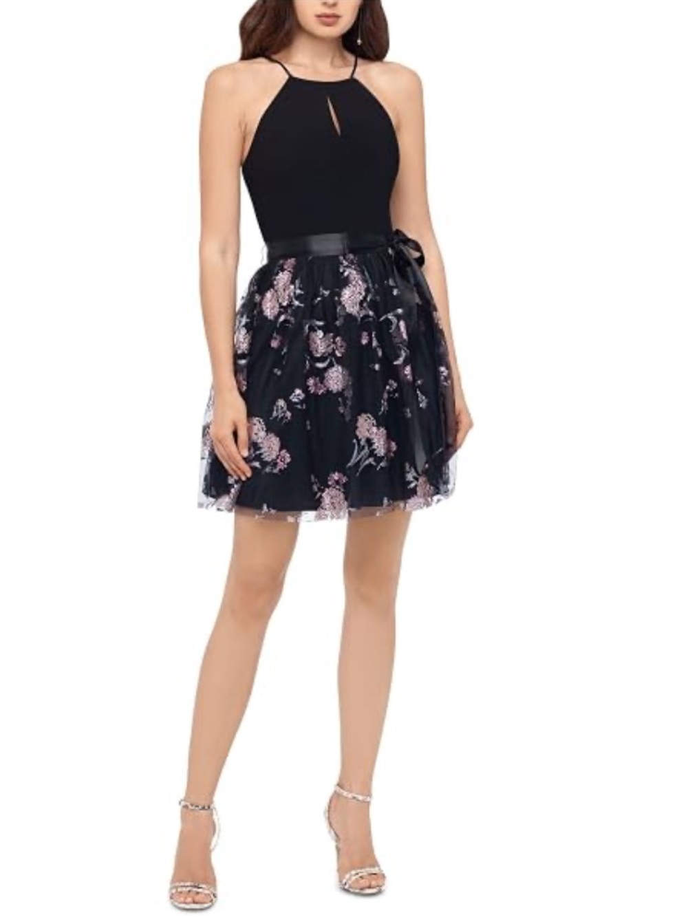 Blondie Nites Black Skater Skirt with Pink Floral Appliqué